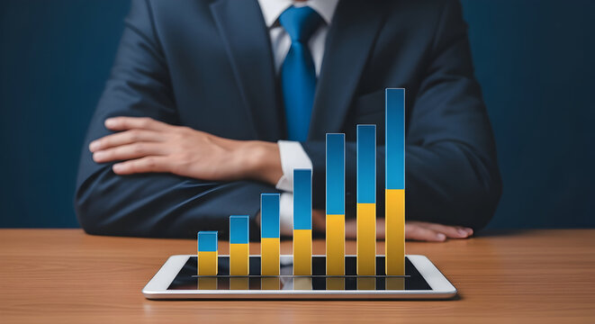 Businessman presents a financial growth chart on a tablet showcasing positive trends and success in investment and business strategy with a focus on data analysis and market performance