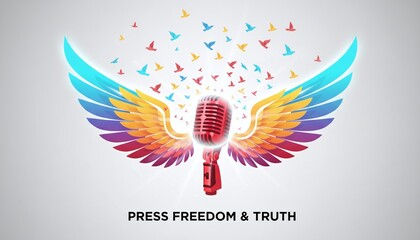 World Press Day Inspirational Vintage Microphone with Wings and Flying Birds