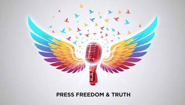 World Press Day Inspirational Vintage Microphone with Wings and Flying Birds