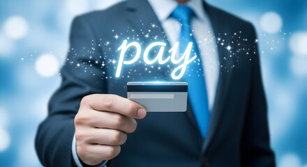 Businessman in a suit holds a credit card with the word "pay" glowing above it representing digital payments online transactions and financial technology solutions for modern business