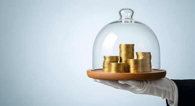 Golden coins are presented under a glass dome on a wooden tray held by a gloved hand symbolizing wealth preservation investment security and exclusive financial services for high net worth individuals
