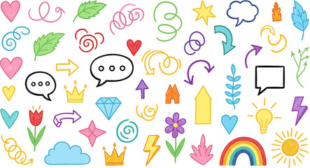 Collection of colorful hand drawn doodle design elements isolated on, including hearts, stars, arrows, speech bubbles, and abstract shapes for decoration