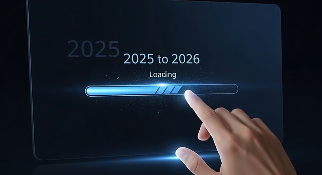 Human finger touching glowing blue loading bar on dark screen with 2025 to 2026 text progress bar progress