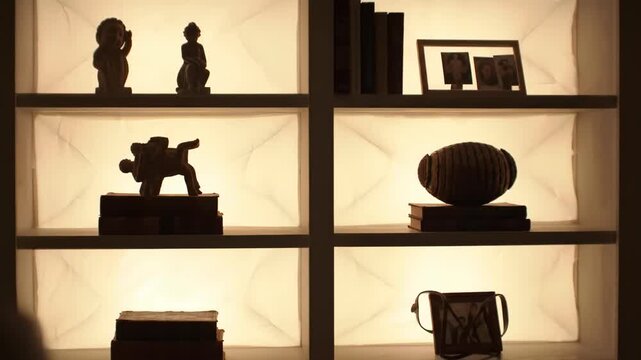Shelf with books, statues, and picture frames creating a soft light home interior concept. Decor, object, and bookshelf with art and artifacts.