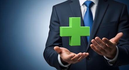 Businessman in a suit presents a floating green plus sign symbolizing growth health or positive results against a blue gradient background ideal for healthcare or business concepts.