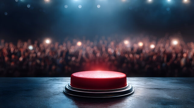 Dramatic game show moment with glowing red buzzer on stage