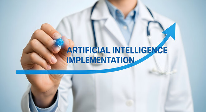Doctor drawing artificial intelligence implementation growth chart with a blue marker showcasing ai in healthcare technology advancement and medical innovation on a light blue background