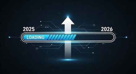 2025 to 2026 loading bar with upward arrow and digital circuit lines progress bar future