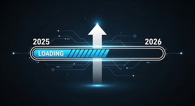 2025 to 2026 loading bar with upward arrow and digital circuit lines progress bar future - Powered by Adobe