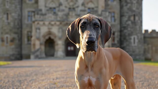 Portrait of Great Dane dog outdoors, standing near a castle, on a sunny day.