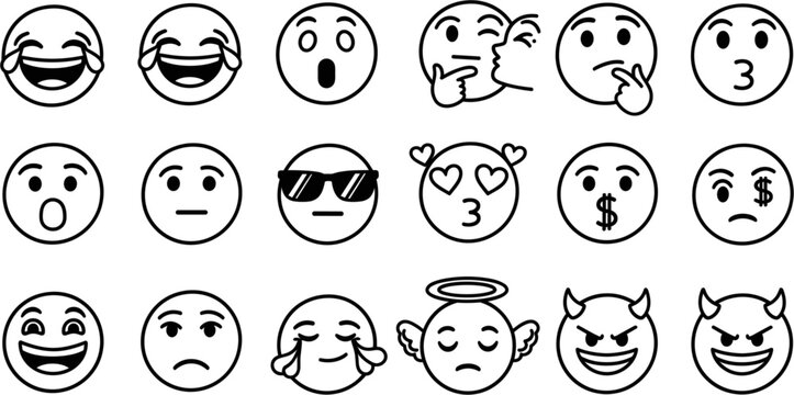 A comprehensive set of twenty expressive emoji icons, each meticulously crafted in a clean, minimalist line art style perfect for adding a touch of emotion