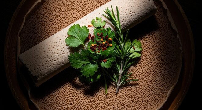 Traditional rolled food with herbs and spices on a textured background