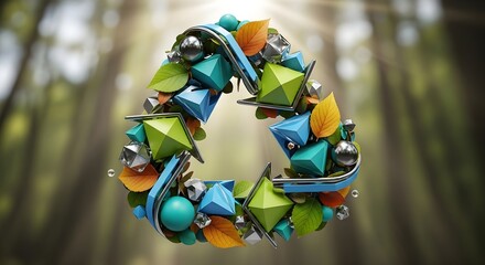 Abstract recycling symbol made of geometric shapes against a blurred background