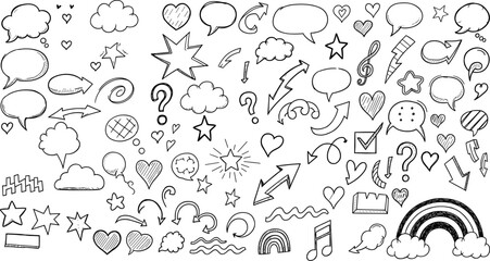 Hand drawn doodle elements vector set isolated on collection of cute sketchy speech bubbles, arrows, hearts, stars, clouds, rainbow and other symbols