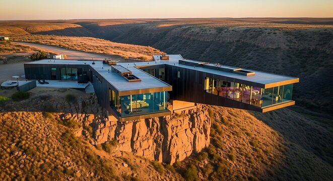 Modern house on a cliff at sunset in desert