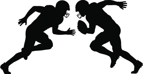 Vector Silhouette of Two American Football Players Charging, One with the Ball, Depicting an Intense Offensive and Defensive Play or Rivalry