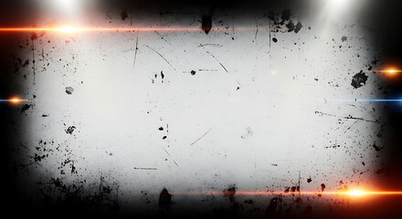 Abstract grunge background with white center, black speckles, and bright lens flares