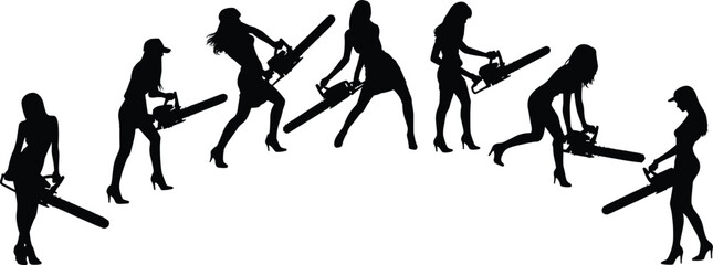 Vector Silhouettes of Seven Provocatively Posing Women Holding Chainsaws while Wearing High Heels, Representing Power, Danger, and Female Strength