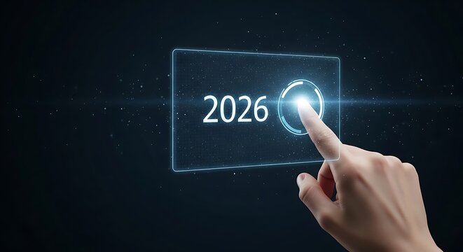 Human finger touching glowing blue 2026 button on digital screen with dark background and particles future