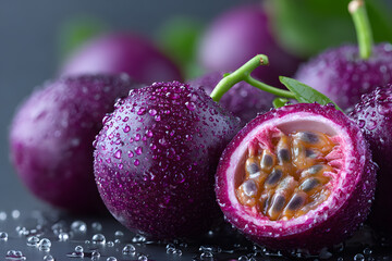 Group of fresh purple passion fruit with one cut half showing juicy seeds sitting on wet black table background covered in water drops and dew illustrating ripe tropical harvest