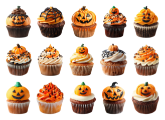 PNG Halloween-themed cupcakes with pumpkins, element set on transparent background