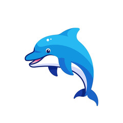 Cartoon illustration of a blue dolphin jumping out of the water with a white background.