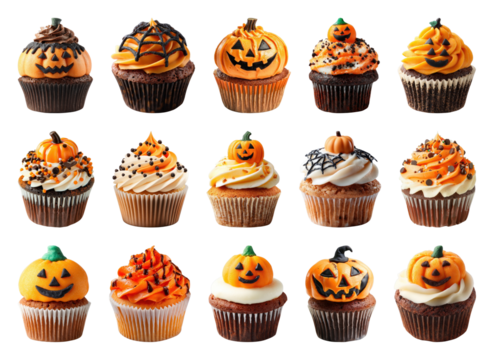 PNG Halloween-themed cupcakes with pumpkins, element set on transparent background