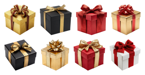 PNG Elegant gift boxes with bows, element set on transparent background