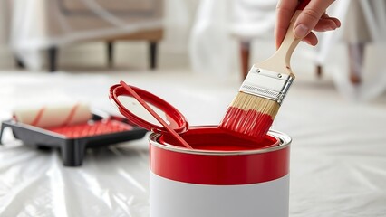 Painting Project - Brush Dipped in Red Paint with Supplies.