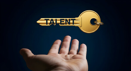 Golden key with the word talent floating above an open hand against a dark blue background represents unlocking potential and finding the right skills for success and opportunity
