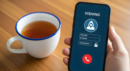 Hand holding smartphone displaying a vishing scam attempt with a hooded figure icon and password fields next to a cup of tea on a wooden table illustrating cyber security awareness