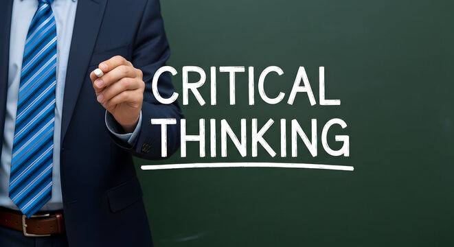 Man in a suit writing critical thinking on a chalkboard emphasizing problem solving and analytical skills for business strategy and education promoting creativity and innovation in decision making