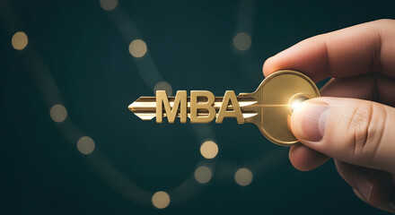 Hand holding a golden key with the letters MBA symbolizing success in business administration and career advancement with a bokeh background highlighting the achievement