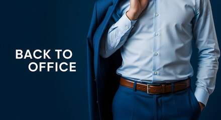 Professional man in a blue suit and light blue shirt with a brown belt promoting the concept of back to office work and corporate attire for business professionals and executives in a modern setting
