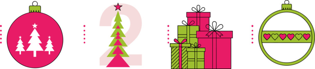 Christmas card set with gifts, christmas tree, ornaments, and number 2 isolated on for festive season and holiday celebration