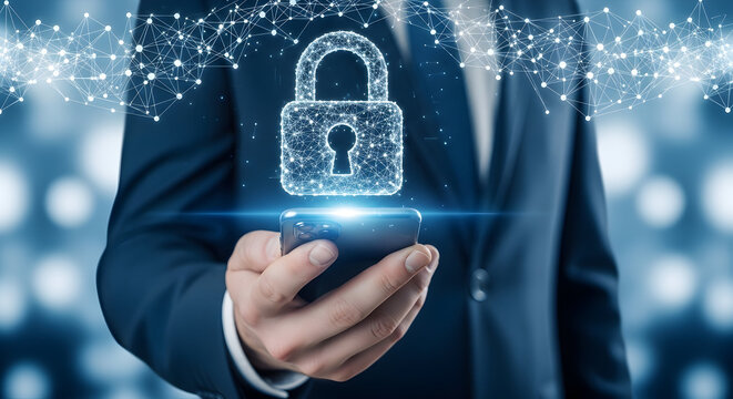 Businessman uses mobile phone for cybersecurity with digital padlock and network connection showcasing data protection and privacy in a modern technology environment for secure transactions