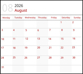 August 8 2026 Calendar Vector Illustration. Date Icon. Day calendar 