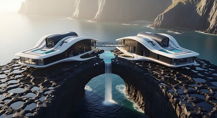 Futuristic villa on the cliff with waterfall