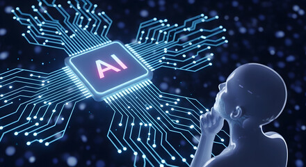 Futuristic ai concept featuring a glowing circuit board and a contemplative human figure representing artificial intelligence and advanced technology in a digital environment with a dark background