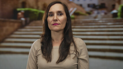 Woman standing calmly on ancient street steps in historic town, exuding a serene vibe, with blurred outdoor background highlighting old architecture and cultural charm.