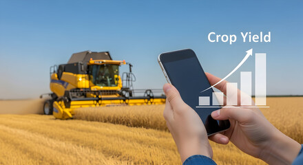Monitoring crop yield with a smartphone app during harvest season showcasing agricultural technology and data analysis for improved farming practices and increased productivity in the field