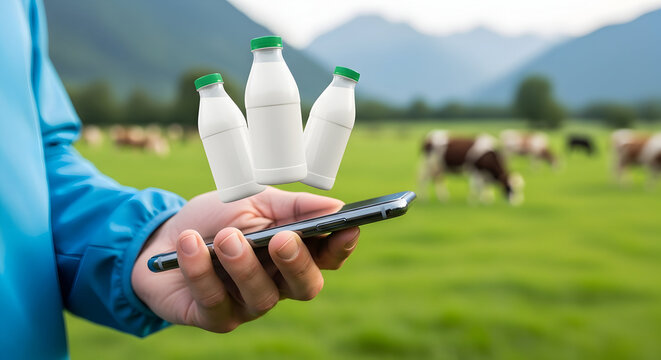 Person uses a smartphone with augmented reality to view floating milk bottles in a field with grazing cows and mountains in the background showcasing modern dairy technology and farming