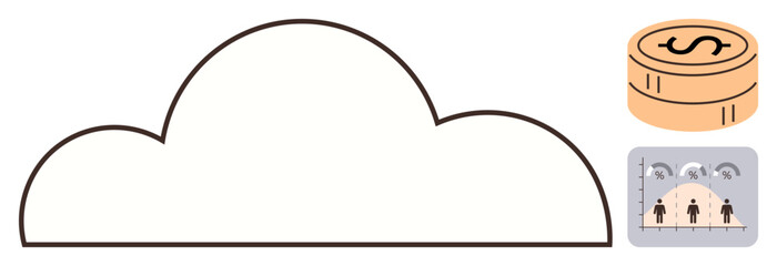 Cloud structure linked to financial growth represented by coins and user data analytics. Ideal for technology, business, finance, data analysis, digital transformation, innovation, simple flat