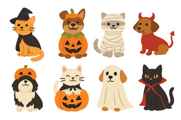 Cute cats and dogs dressed in Halloween costumes like witch, mummy, pumpkin, and vampire