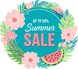 Summer sale up to 50% off banner isolated on floral wreath with watermelon, flowers and leaves discount offer, promotion template, advertising layout