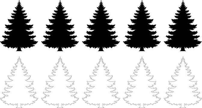 A pattern of ten evergreen trees, silhouetted against a, creates a simple yet striking forest scene isolated on