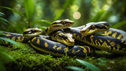 Obraz premium snakes in the tropical rainforest, exotic serpents in lush jungle, wildlife reptiles in dense tropical forest