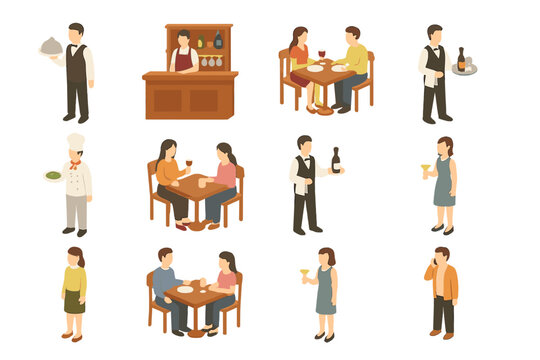 Isometric characters of restaurant staff and customers enjoying dining service