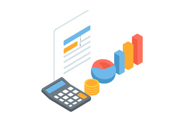 Isometric financial accounting concept showing business data analysis and reporting tools