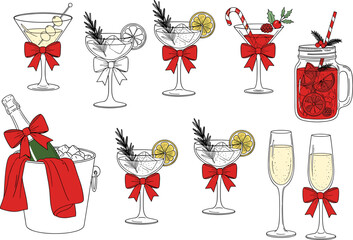 A festive collection of christmas cocktails and champagne isolated on, adorned with red bows, perfect for holiday celebrations and seasonal cheer